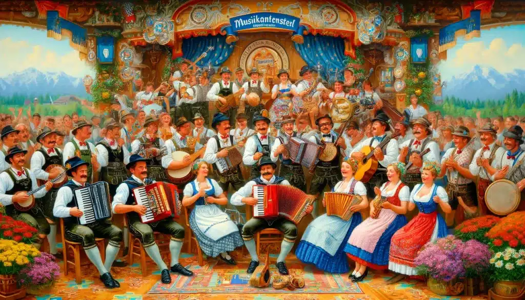 DALL·E 2024 05 27 16.39.18 A lively scene from Musikantenstadl featuring musicians dressed in traditional Bavarian and Austrian attire playing various folk instruments like t